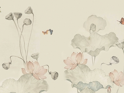 新中式中式壁画 墙纸硬包壁画挂画 荷花 花鸟壁画 植物壁画 艺术壁画