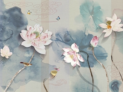 新中式中式壁画 墙纸硬包壁画挂画 荷花 花鸟壁画 植物壁画 山水壁画