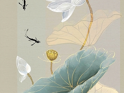 新中式中式壁画 墙纸硬包壁画挂画 山水壁画 荷花 花鸟壁画 刺绣壁画