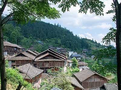 新中式现代风景 窗外景 新农村风光 蓝天白云 农村楼房 山