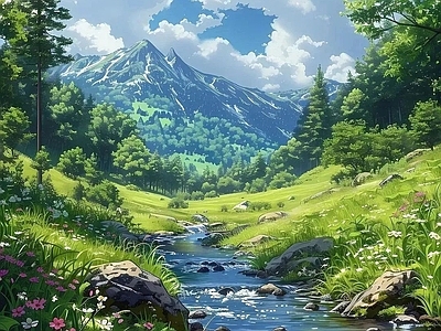 现代新中式风景 唯美风景油画 山 花园 农田 花海