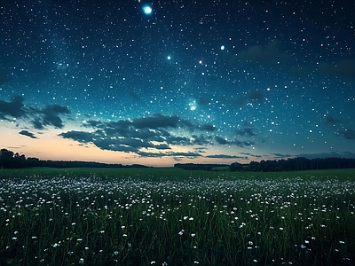 现代天空外景 草地星空夜景 夜晚天空