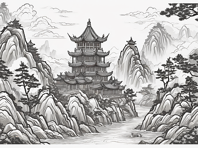 现代挂画 古代江山图案挂画 线稿风景 造型设计