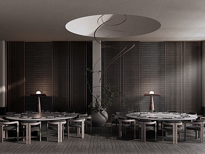 现代中古中餐厅 餐厅大厅包间 餐桌椅餐具 落地灯屏风 花艺植物摆件 吊件