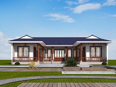 新中式中式别墅建筑 一层别墅 小别墅 农村别墅 自建房 独栋别墅 施工图