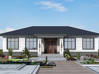 新中式中式别墅建筑 一层别墅 小别墅 农村别墅 独栋别墅 自建房 施工图