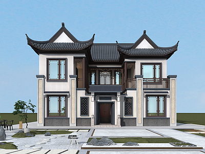 中式新中式别墅建筑 二层别墅 合院别墅 自建房 独栋别墅 农村别墅 施工图