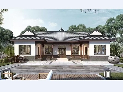 新中式中式别墅建筑 一层别墅 小别墅 农村别墅 独栋别墅 自建房 施工图