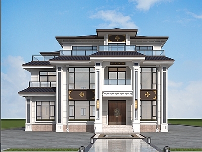 新中式中式别墅建筑 三层别墅 农村别墅 独栋别墅 自建房 施工图