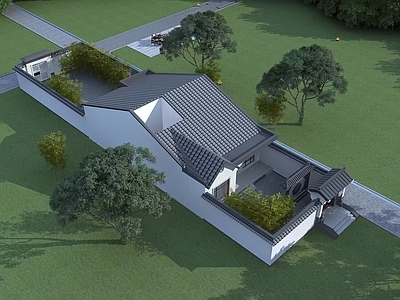 新中式中式别墅建筑 一层别墅 农村别墅 独栋别墅 自建房 合院别墅 施工图