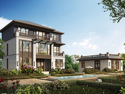 新中式别墅建筑 三层别墅 农村别墅 独栋别墅 自建房 施工图