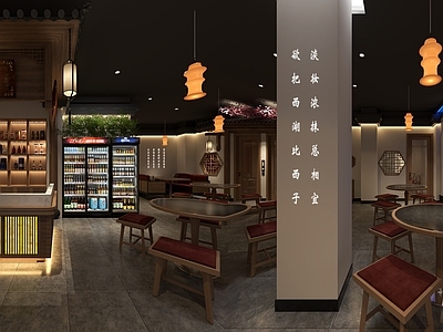 新中式中式中餐厅 餐厅 收银台 景观 冰柜 门头