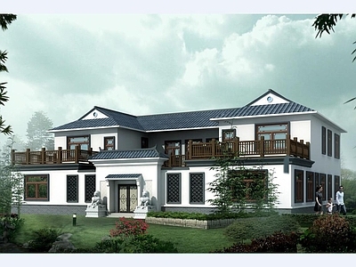 新中式中式别墅建筑 二层别墅 农村别墅 独栋别墅 合院别墅 自建房 施工图