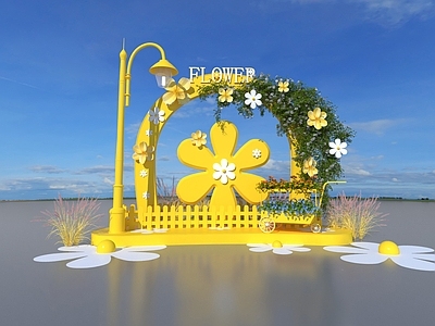 现代其他商业美陈 黄色鲜花花艺美陈 小黄花鸡蛋花路灯 商场节日活动装置 网红打卡拍照外摆 集市露营购物车