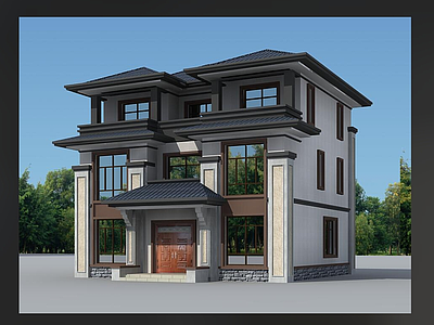 新中式别墅建筑 三层别墅 独栋别墅 自建房 农村别墅 小别墅 施工图