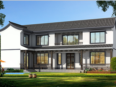 中式新中式别墅建筑 19X14米 二层别墅 自建房 独栋别墅 农村别墅 施工图