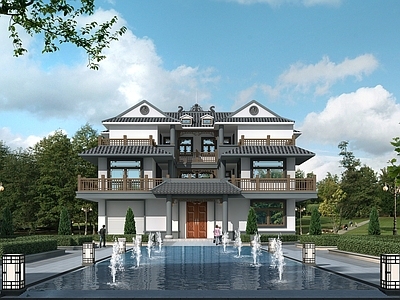 新中式中式别墅建筑 15X15米 独栋别墅 自建房 农村别墅 三层别墅 施工图