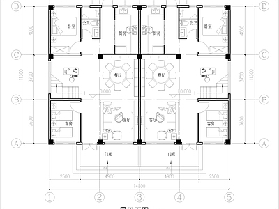 现代别墅建筑 三层双拼别墅平面 自建房平面 单户占地86平 单户面积223平 农村别墅 平面图