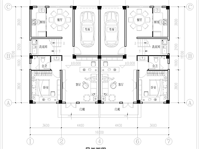 现代别墅建筑 三层双拼别墅平面 自建房平面 单户占地91平 单户面积242平 农村别墅 平面图