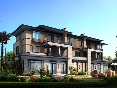 现代美式别墅建筑 草原风格联排别墅 美式三层别墅 施工图