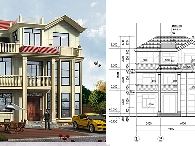 欧式现代别墅建筑 农村别墅 三层别墅 自建房 施工图