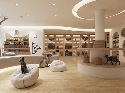 现代奶油宠物店 猫咖宠物店 宠物用品店 猫舍猫咖撸猫馆 宠物用品货架展柜 狗粮猫粮零食罐头