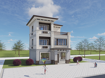 新中式别墅建筑 9X10米 三层别墅 自建房 独栋别墅 农村别墅 施工图