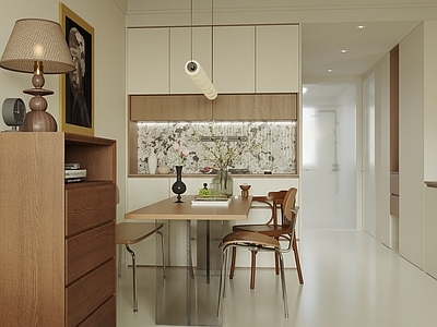 现代奶油家居餐厅 开放式餐厅 中古风餐桌 餐边柜 五斗柜