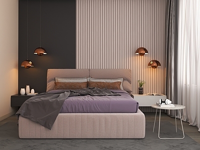 现代北欧家居卧室 粉色卧室 粉色双人床 古铜床头吊灯 白色边几 格栅背景墙