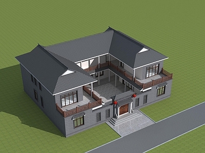 新中式中式别墅建筑 23X18米 二层别墅 合院别墅 独栋别墅 农村别墅 施工图