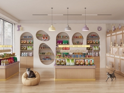 奶油侘寂宠物店 宠物用品店 狗粮猫粮零食罐头 宠物用品货架展柜 猫咖猫舍宠物店 宠物寄存柜