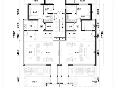 现代新中式别墅建筑 四层叠拼户型平面 未来社区叠拼设计 145叠拼户型 独立电梯叠拼户型 施工图