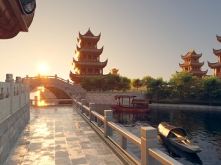 中式河道 护城河 古建河道 木船 古塔 寺庙 古建 石桥 沿河桥【ID:1209878708】