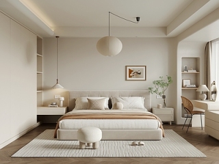 奶油风主卧 现代奶油风卧室 布艺双人床 床头柜 装饰画 吊灯【ID:1215382013】