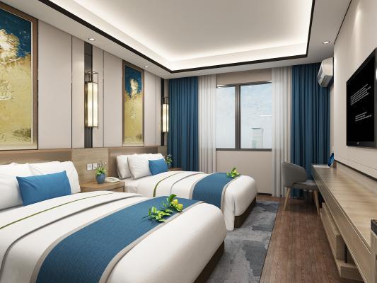 新中式风格宾馆标间3d模型