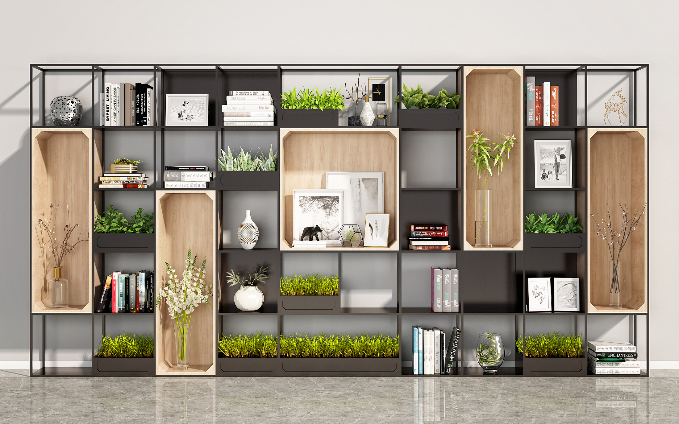 现代铁艺书架绿植组合3d模型