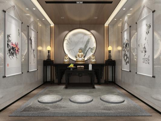 新中式现代新中式佛堂 佛龛 挂画3d模型