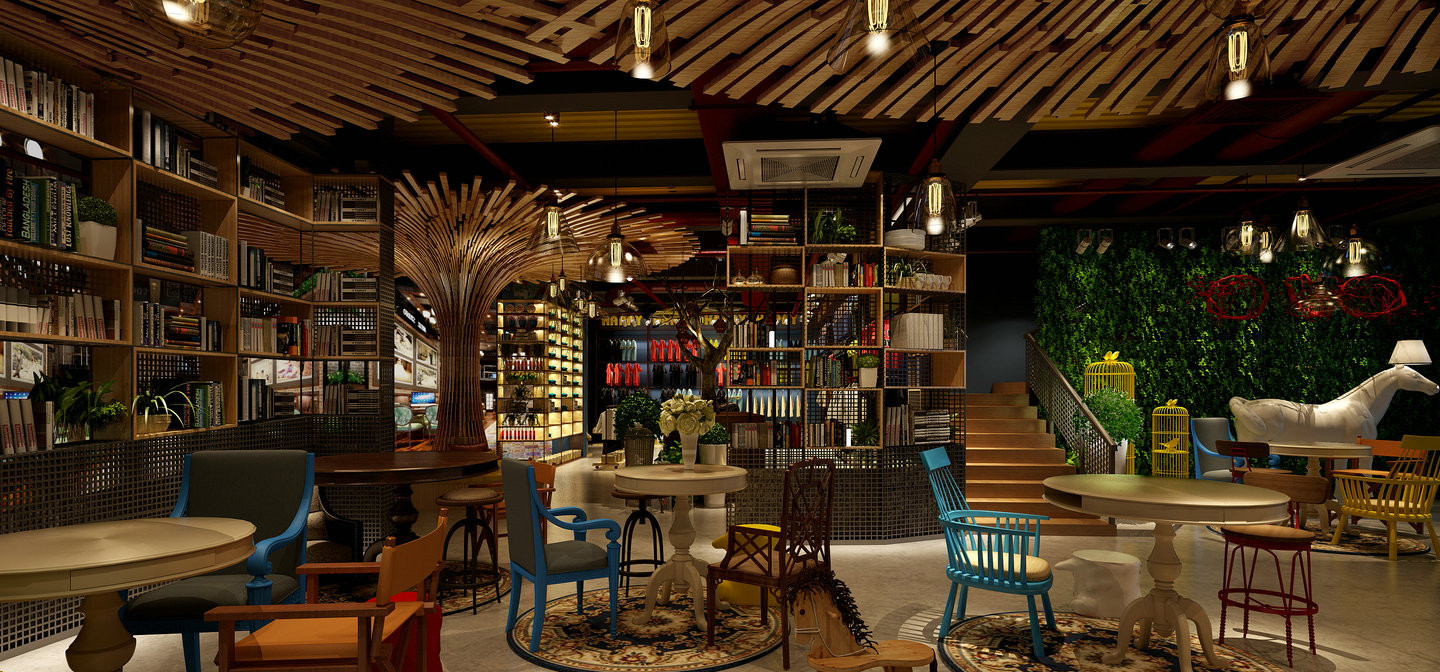 工业风书吧 书柜 书桌椅组合 吊灯 背景3d模型