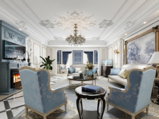 法式客厅餐厅全景3d模型【ID:131219179】