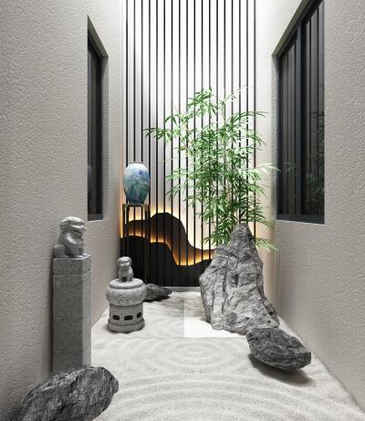 新中式楼梯景观 别墅天井 景观小品 阳光厅 狮子 摆件 端景3d模型