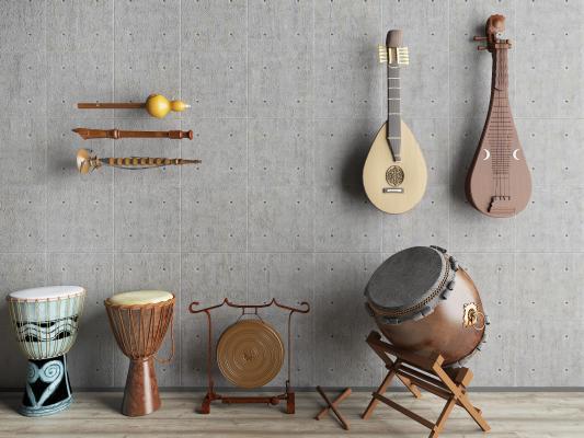 中式乐器组合 二胡 古筝 鼓 笛子 唢呐 民乐乐器3d模型