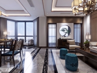 新中式客厅餐厅全景3d模型【ID:131220134】