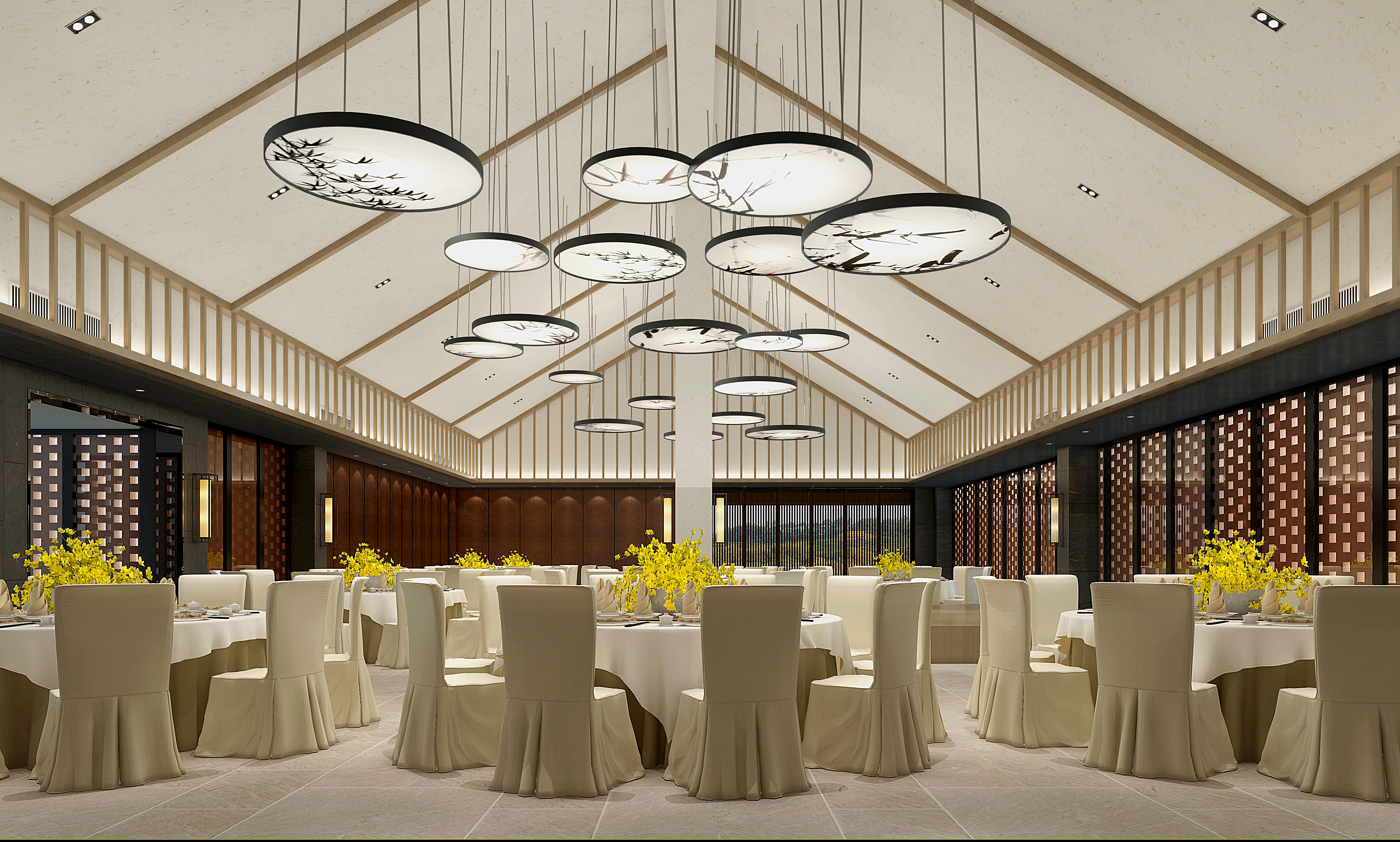 新中式名宿酒店  宴会厅 餐桌椅 吊灯 插花3d模型