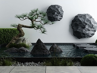 中式经典新中式松树水池景观小品国外3d模型下载3d模型