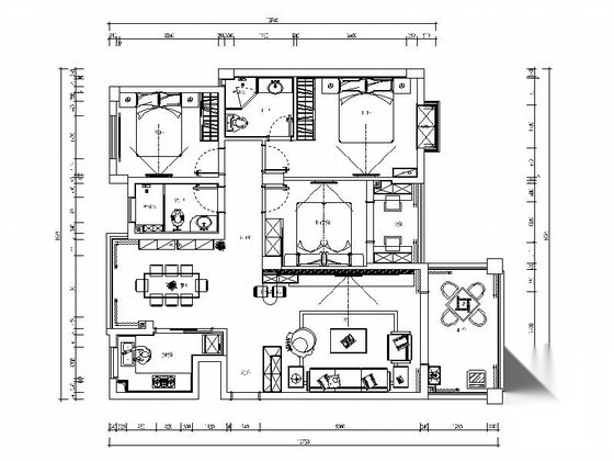 [湖南]经典简欧三居室家装室内设计施工图（含效果图） 平层