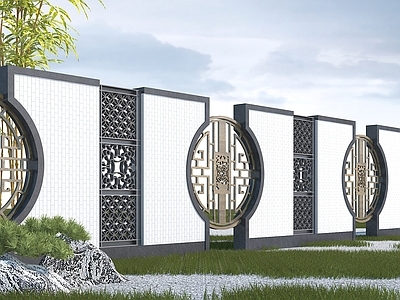 新中式园林景观墙3d模型