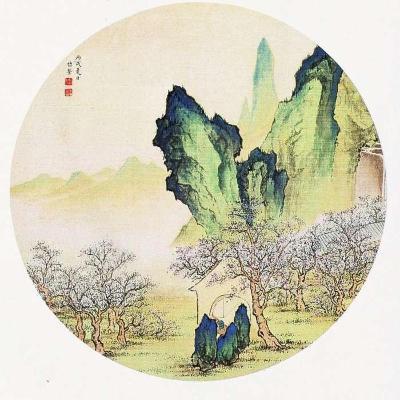 新中式屏风禅意画 手工布艺 不透油画布 半透 圆形水画 高清材质 中式水画