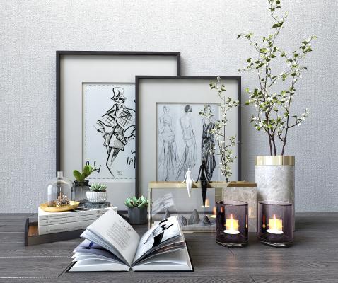 现代摆件摆设装饰品 台面书籍饰品 装饰画 花瓶 盆栽3d模型