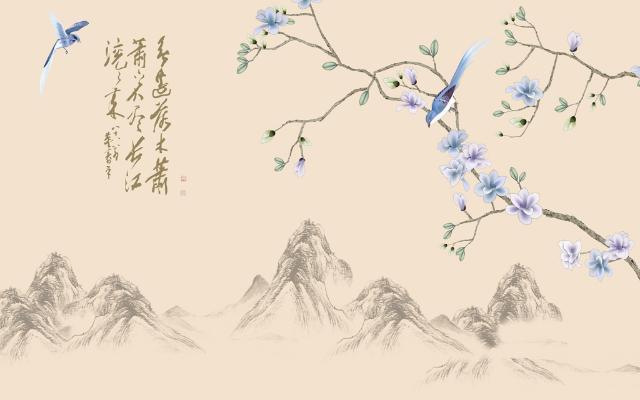 新中式花鸟壁纸  背景墙壁纸 中式壁画