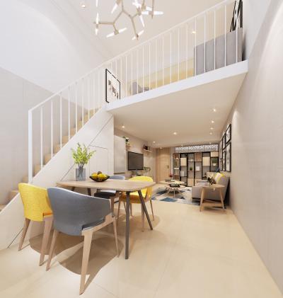 现代loft客厅 复式 阁楼 北欧公寓 复式公寓 北欧家具 沙发 桌面摆件 挂画 柜
